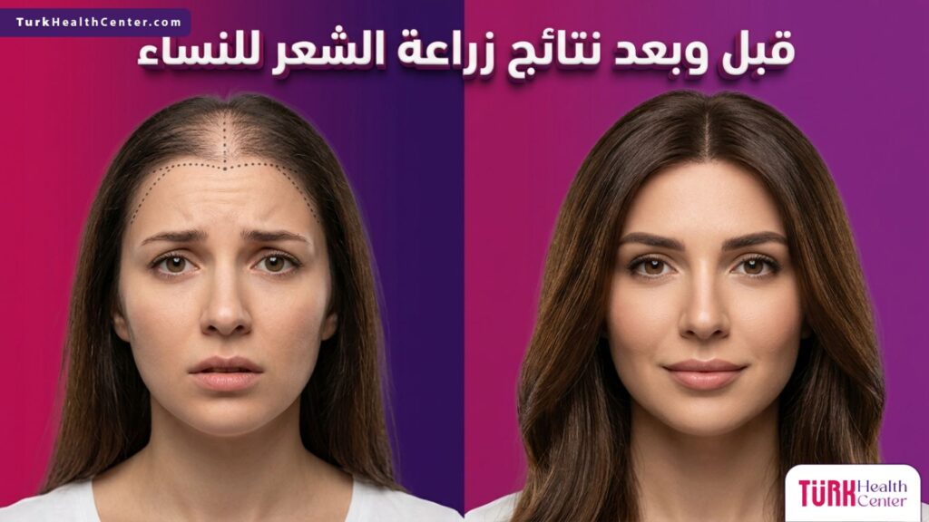 مقارنة دقيقة تظهر الحالة قبل وبعد نتائج زراعة الشعر للنساء مع توضيح علامات التخطيط الطبي والنتيجة النهائية الكثيفة.