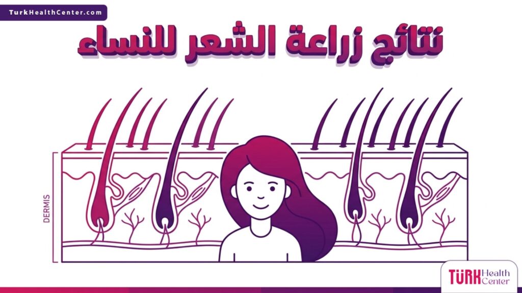 رسم تشريحي دقيق لبنية فروة الرأس والبصيلات يوضح الأساس العلمي الذي تبنى عليه نتائج زراعة الشعر للنساء.