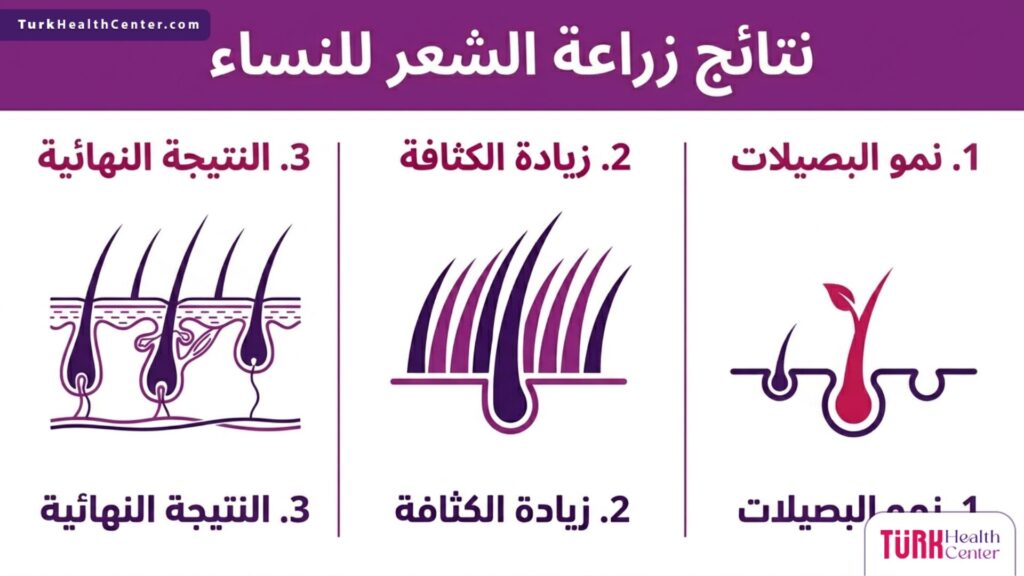 إنفوجرافيك طبي مقسم لثلاث مراحل يشرح تطور البصيلات للوصول إلى أفضل نتائج زراعة الشعر للنساء.