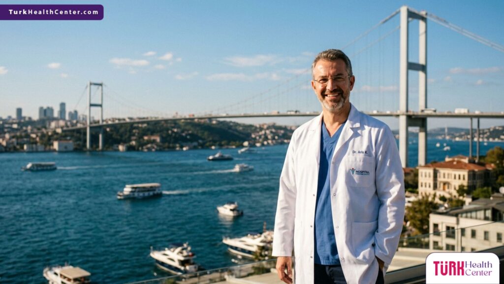 طبيب خبير يقف بثقة أمام جسر البوسفور في إسطنبول، الوجهة الرائدة لتحقيق أفضل نتائج زراعة الشعر للنساء.