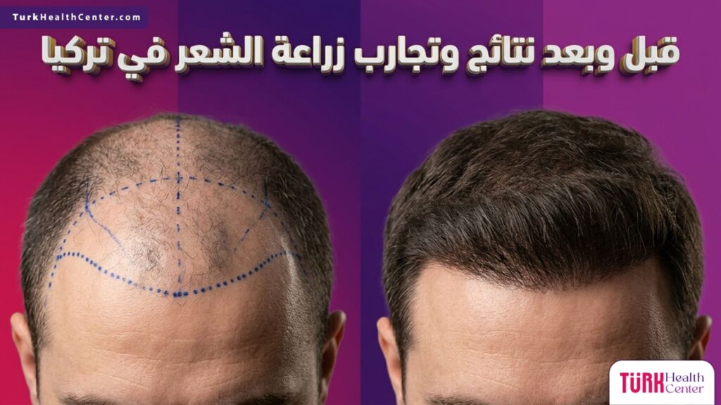 صورة واقعية قبل وبعد توضح نتائج وتجارب زراعة الشعر في تركيا مع خطوط تحديد الجراحة الدقيقة.