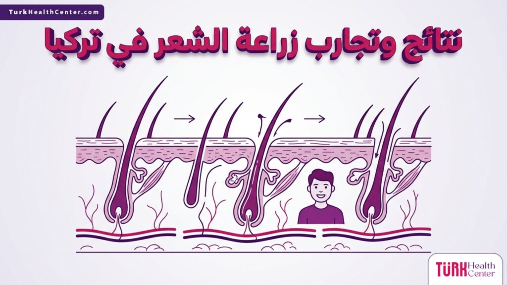 إنفوجرافيك طبي دقيق يوضح البنية التشريحية للبصيلات في نتائج وتجارب زراعة الشعر في تركيا.