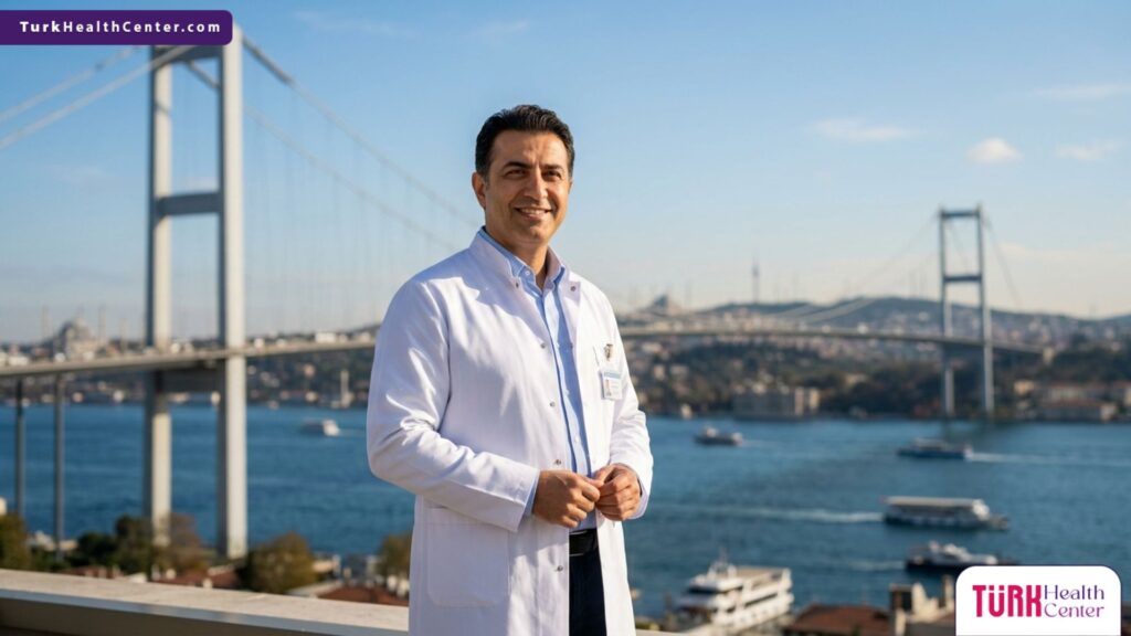 طبيب متخصص يقف بثقة أمام جسر البوسفور، ليمثل الاحترافية في نتائج وتجارب زراعة الشعر في تركيا.