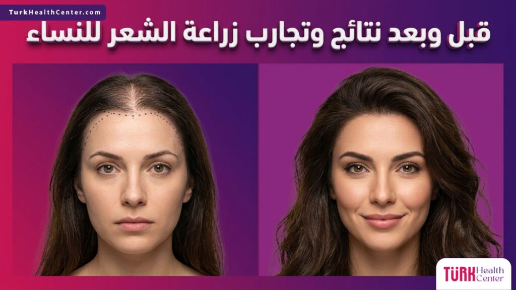 صورة قبل وبعد تبرز نتائج وتجارب زراعة الشعر للنساء بكثافة طبيعية.