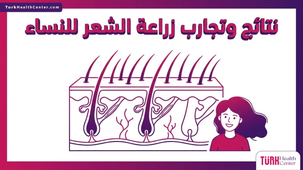 إنفوجرافيك طبي يوضح البصيلات وعملية نتائج وتجارب زراعة الشعر للنساء.