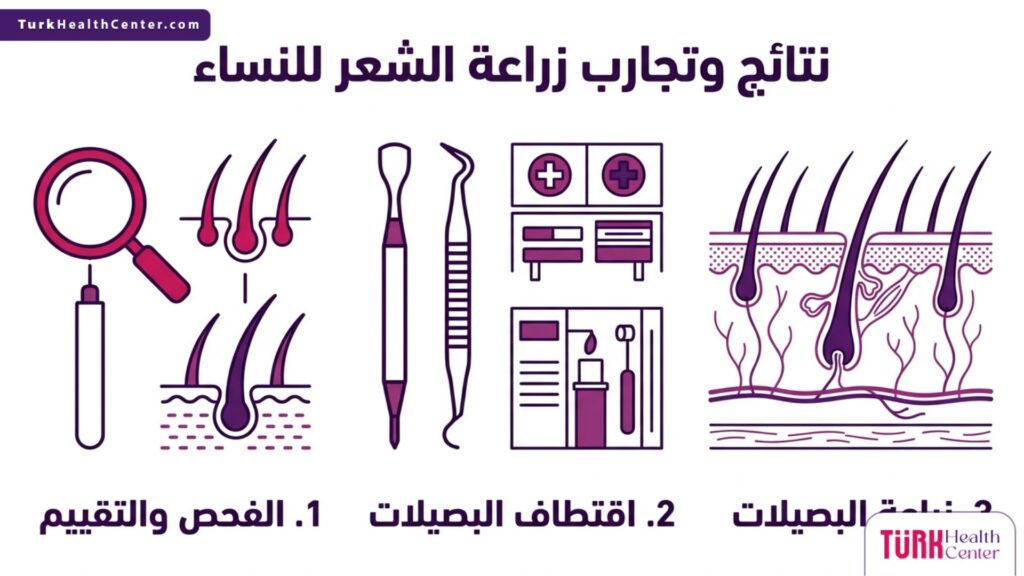 مخطط علمي يوضح مراحل نتائج وتجارب زراعة الشعر للنساء.