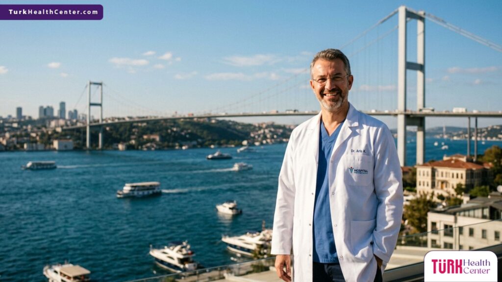 طبيب متخصص في نتائج وتجارب زراعة الشعر للنساء يقف أمام جسر البوسفور في إسطنبول.