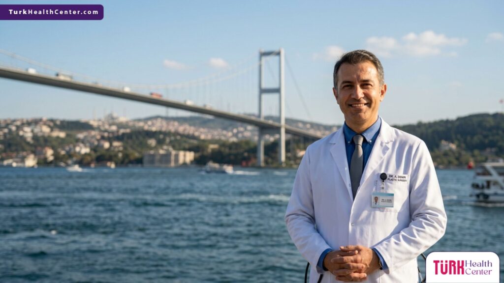طبيب متخصص في جراحة التجميل يقف بثقة أمام جسر البوسفور في إسطنبول، الوجهة الأبرز لتحقيق أفضل نتائج و تجارب زراعة شعر اللحية والشنب.