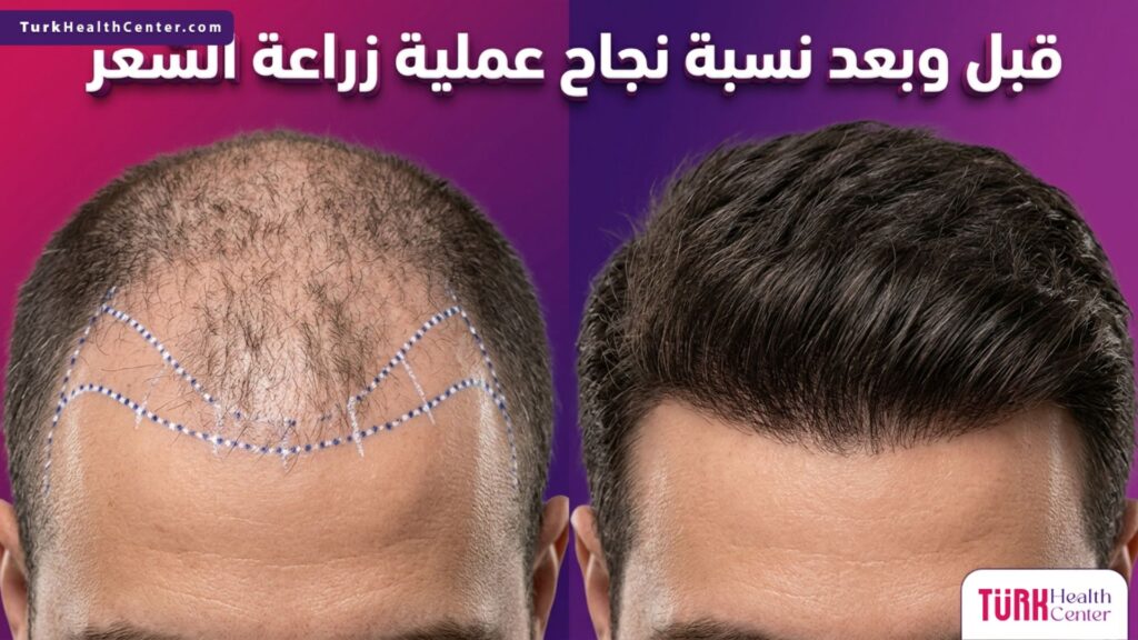 مقارنة قبل وبعد توضح نسبة نجاح عملية زراعة الشعر من خلال إظهار التخطيط الطبي المسبق والنتيجة النهائية بكثافة طبيعية.