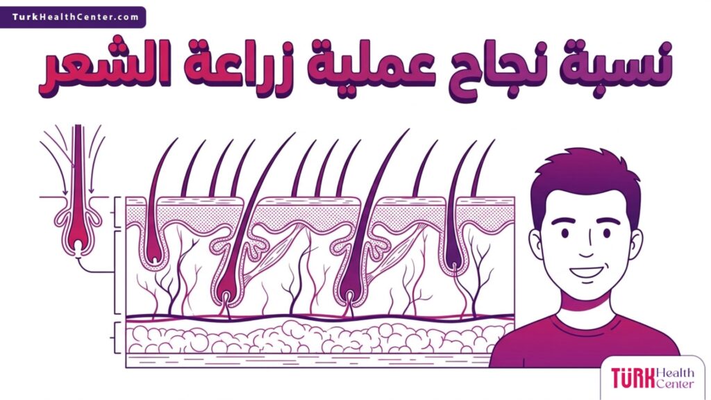 إنفوجرافيك طبي دقيق يوضح التشريح الداخلي لفروة الرأس وآلية زراعة البصيلات التي تساهم في رفع نسبة نجاح عملية زراعة الشعر.