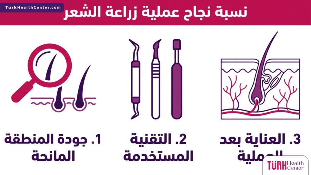 رسم بياني علمي يشرح 3 عوامل رئيسية تحدد نسبة نجاح عملية زراعة الشعر.