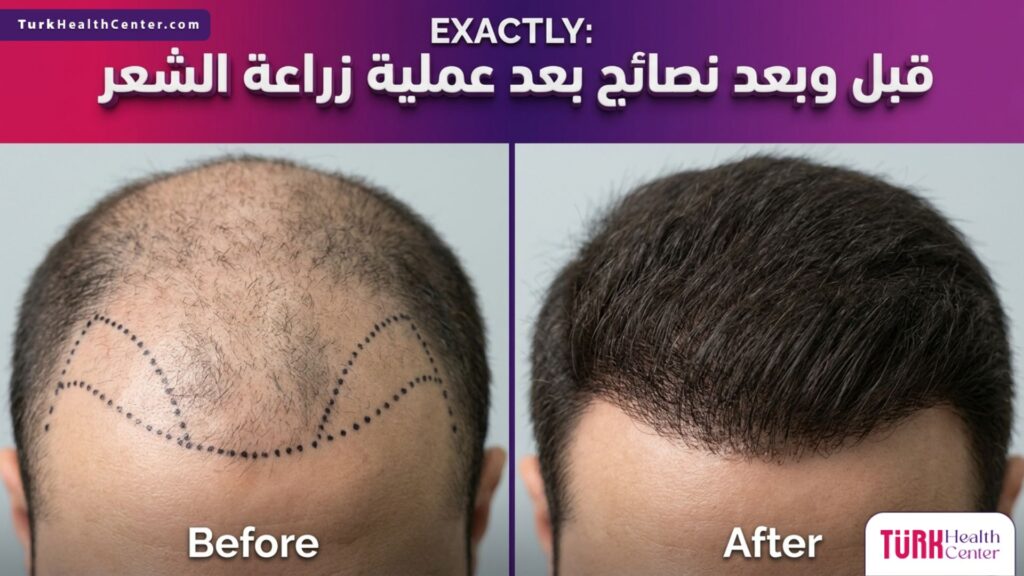 صورة قبل وبعد توضح نتائج الالتزام في نصائح بعد عملية زراعة الشعر مع إظهار نمو البصيلات.