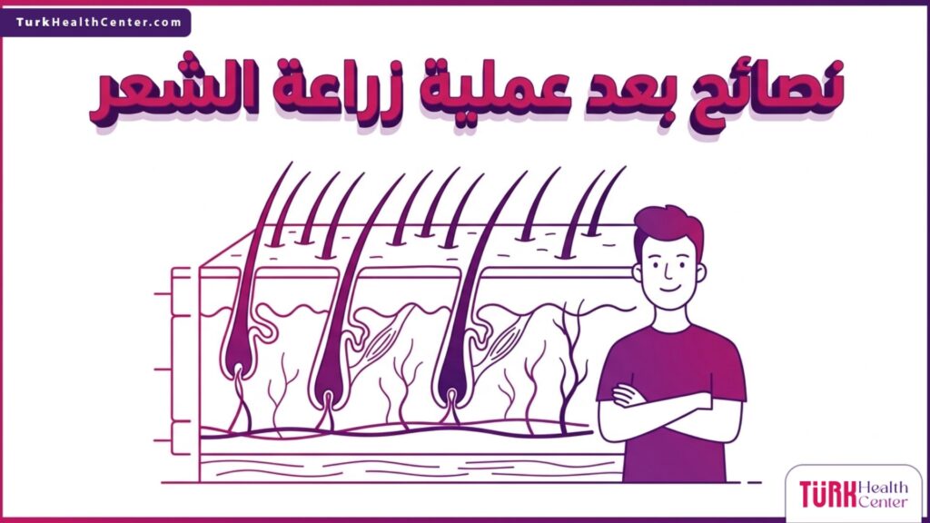 إنفوجرافيك طبي يوضح بنية فروة الرأس والبصيلات لدعم نصائح بعد عملية زراعة الشعر.