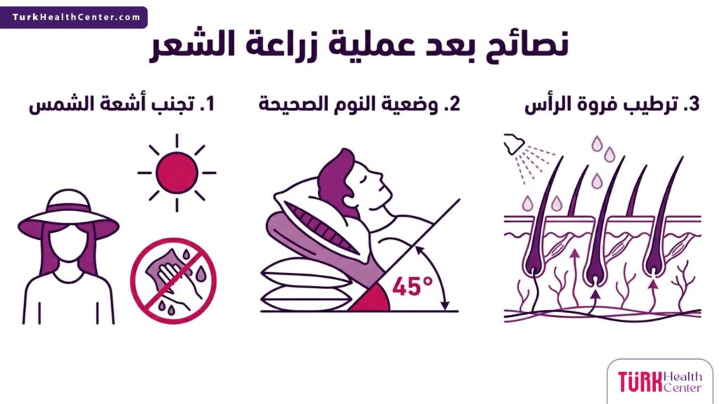 تصميم إنفوجرافيك يلخص أهم 3 نصائح بعد عملية زراعة الشعر للحفاظ على البصيلات.