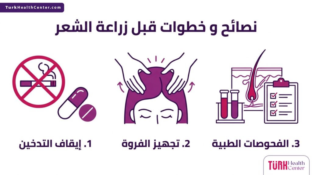 تصميم إنفوجرافيك تعليمي يلخص أهم 3 نصائح و خطوات قبل زراعة الشعر لضمان نجاح الإجراء الطبي.