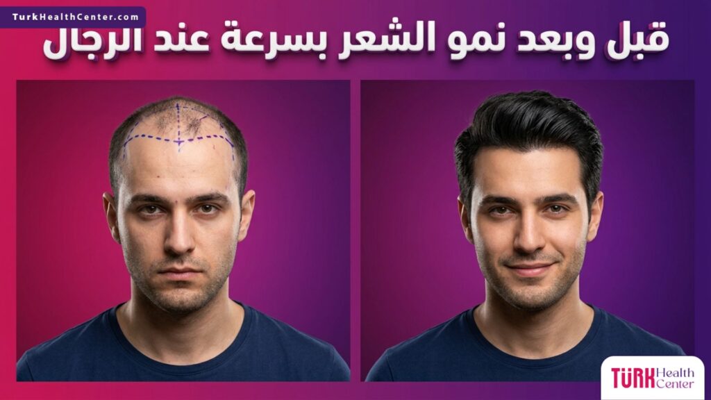 صورة مقسمة تظهر حالة المريض قبل وبعد علاج نمو الشعر بسرعة عند الرجال مع علامات التخطيط الطبي الدقيقة.