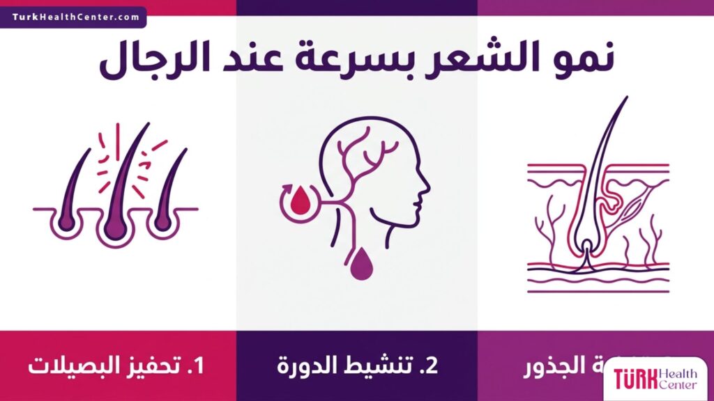 إنفوجرافيك طبي تفصيلي يشرح ثلاث خطوات رئيسية لتعزيز نمو الشعر بسرعة عند الرجال بطريقة علمية.