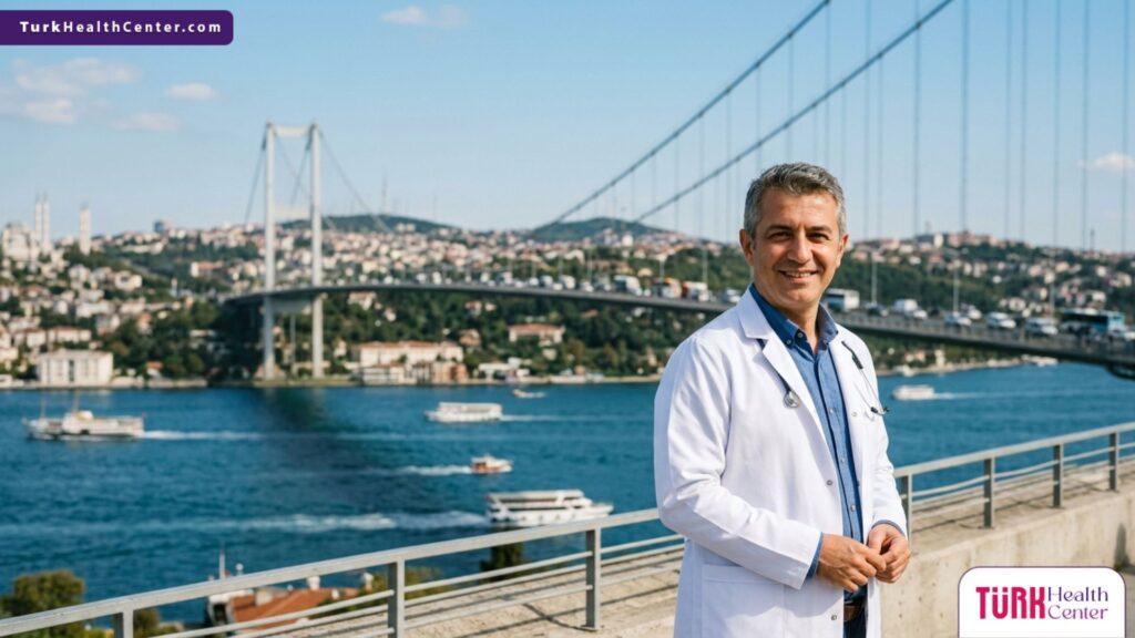 طبيب خبير في علاج وتنشيط نمو الشعر بسرعة عند الرجال يقف بثقة أمام جسر البوسفور في إسطنبول بتركيا.