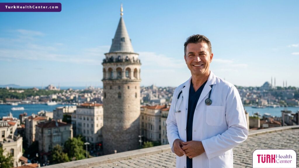 طبيب زراعة شعر خبير يقف بثقة أمام برج غلطة في إسطنبول، لتقديم استشارات طبية موثوقة حول هل زراعة الشعر لها اضرار.