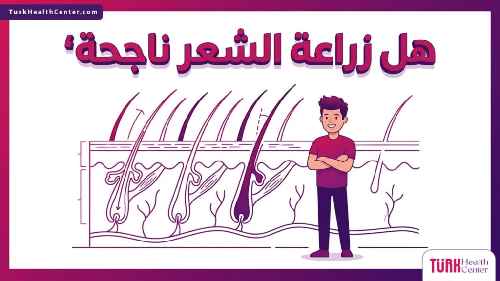 إنفوجرافيك تشريحي دقيق يوضح بنية بصيلات الشعر في فروة الرأس والزوايا الصحيحة للزراعة لتوضيح هل زراعة الشعر ناجحة.