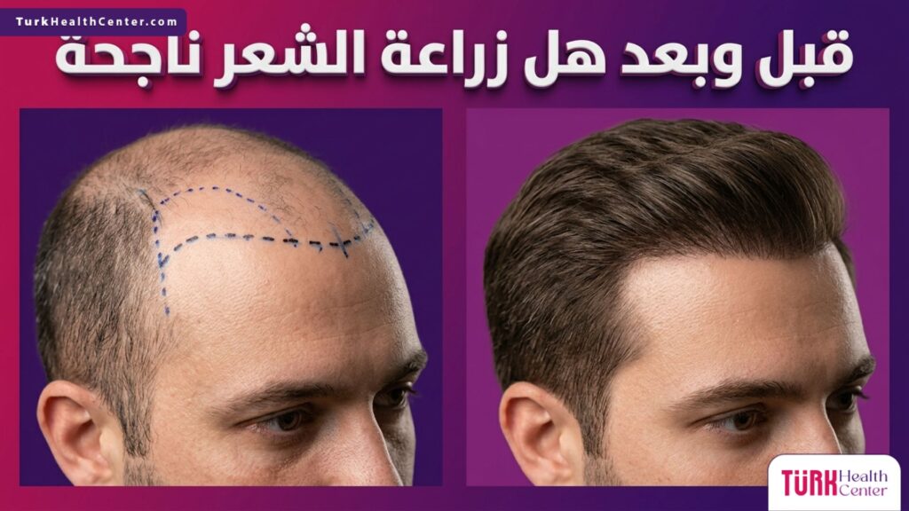 صورة مقسومة واقعية تظهر نتيجة قبل وبعد العملية للإجابة على سؤال هل زراعة الشعر ناجحة مع خطوط التخطيط الجراحي.