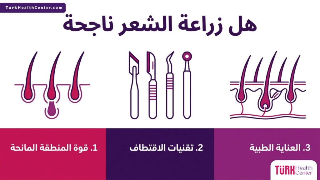 تصميم إنفوجرافيك طبي يبرز أهم 3 عوامل تحدد هل زراعة الشعر ناجحة من الاقتطاف حتى العناية.