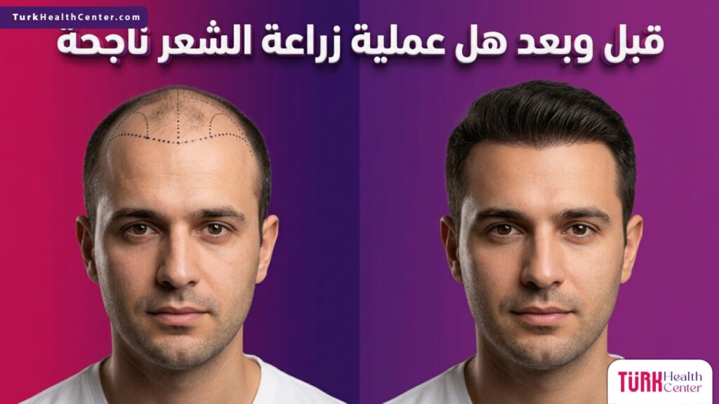 صورة مقسومة توضح حالة المريض قبل وبعد الجراحة وتجيب على سؤال هل عملية زراعة الشعر ناجحة