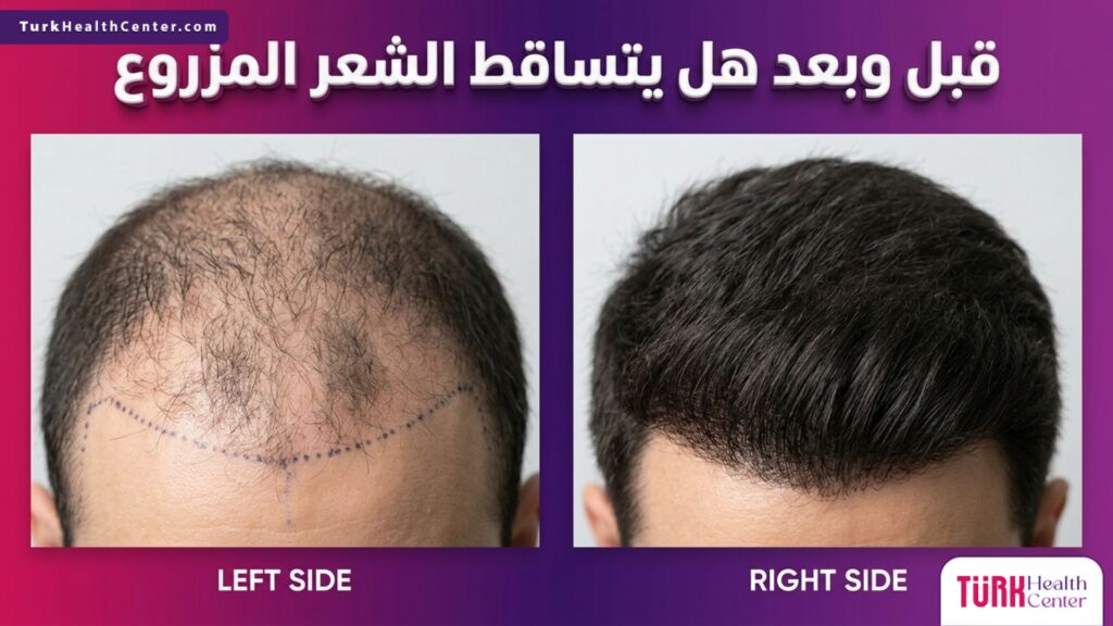 مقارنة قبل وبعد توضح مرحلة التساقط المؤقت ثم الكثافة النهائية للإجابة على سؤال هل يتساقط الشعر المزروع.