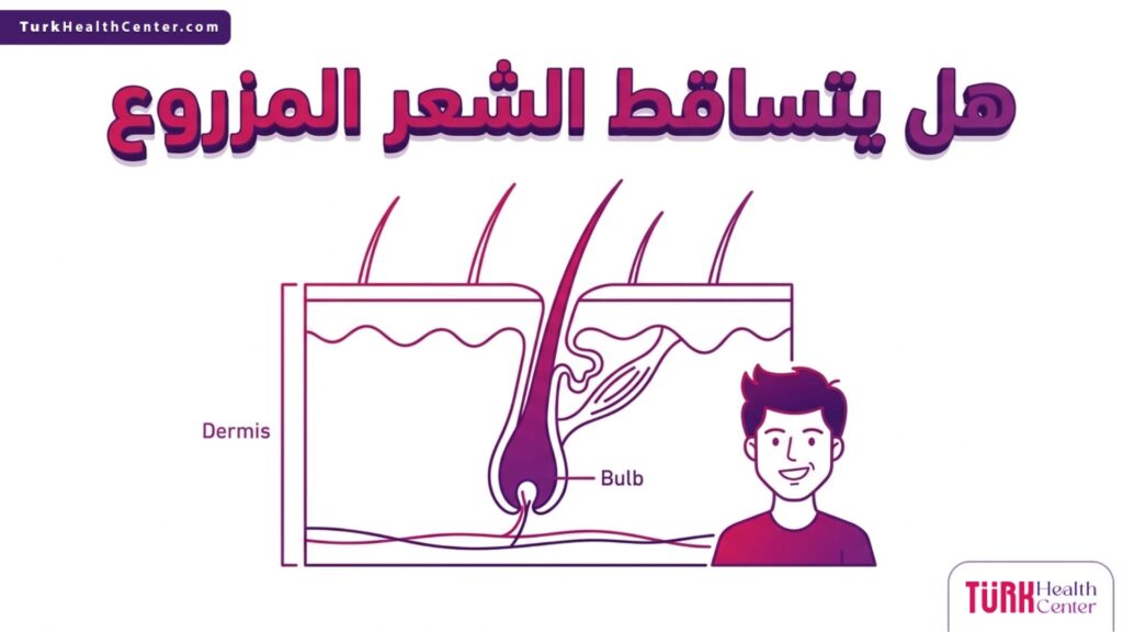 مخطط تشريحي يوضح بنية بصيلة الشعر ومقاومتها للتساقط للإجابة على هل يتساقط الشعر المزروع.