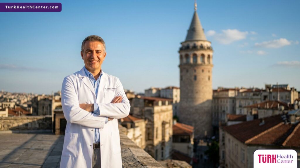 طبيب متخصص في زراعة الشعر يقف أمام برج غالاتا في تركيا لشرح هل يتساقط الشعر المزروع.