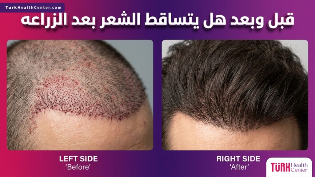 مقارنة واقعية قبل وبعد توضح نتائج العملية والإجابة البصرية على هل يتساقط الشعر بعد الزراعه مع توضيح كثافة الشعر النهائية.
