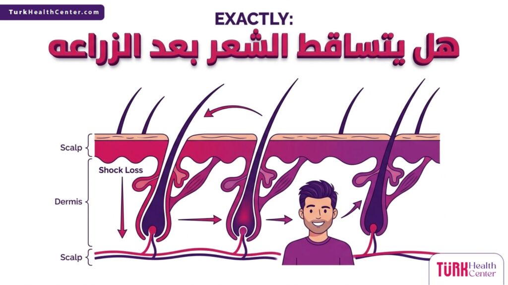 مخطط تشريحي يوضح دورة حياة البصيلة المزروعة ويفسر علمياً هل يتساقط الشعر بعد الزراعه وكيف تبقى الجذور ثابتة.