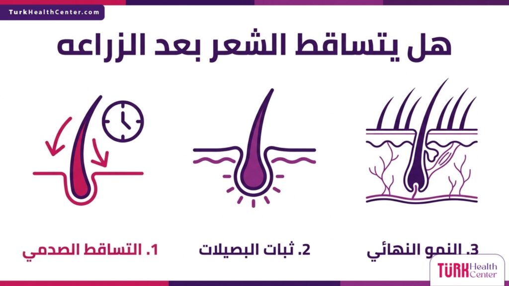 إنفوجرافيك طبي يوضح مراحل ما بعد العملية والإجابة على تساؤل هل يتساقط الشعر بعد الزراعه من خلال ثلاث مراحل أساسية.