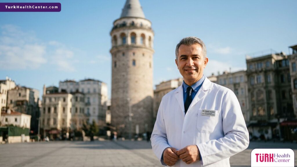 طبيب متخصص في زراعة الشعر يقف أمام برج غالاتا في اسطنبول لتقديم استشارات حول هل يتساقط الشعر بعد الزراعه.
