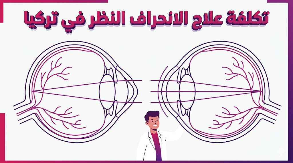 إنفوجرافيك طبي تشريحي يوضح آلية تصحيح القرنية وعلاقتها بـ تكلفة علاج الانحراف النظر في تركيا بأسلوب الرسم الهندسي المسطح.