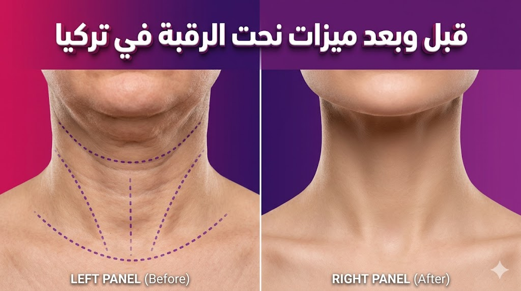 صورة مقارنة قبل وبعد تظهر ميزات نحت الرقبة في تركيا مع تحديد دقيق للفك وشد الجلد.