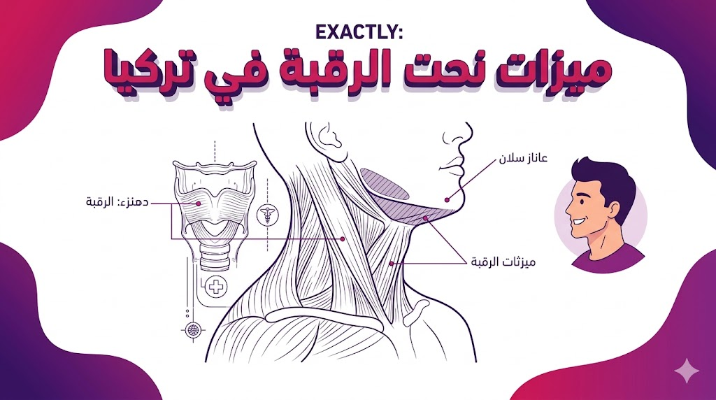 إنفوجرافيك طبي يوضح التشريح العضلي ومناطق التجميل ضمن ميزات نحت الرقبة في تركيا.