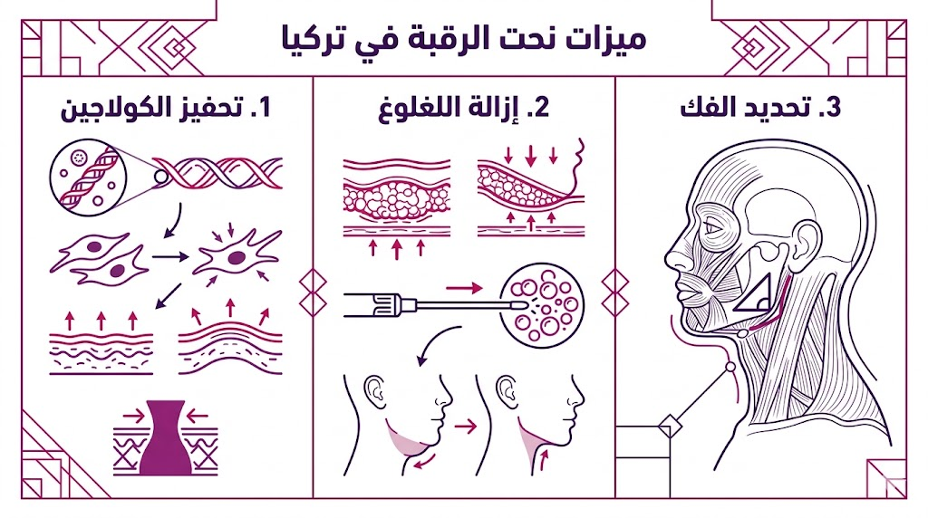 بوستر إنفوجرافيك يوضح أهم 3 ميزات نحت الرقبة في تركيا من تحفيز الكولاجين وتحديد الفك.