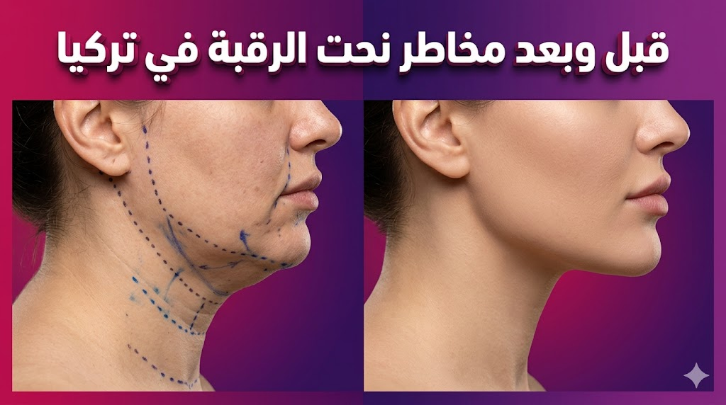 صورة قبل وبعد توضح علامات جراحية والنتيجة النهائية لعملية نحت الرقبة مع نص "قبل وبعد مخاطر نحت الرقبة في تركيا".