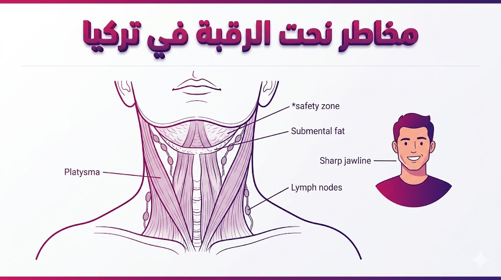 إنفوجرافيك تشريحي يوضح الهيكل الداخلي للرقبة والعضلات المتعلقة بـ مخاطر نحت الرقبة في تركيا بأسلوب الفيكتور.