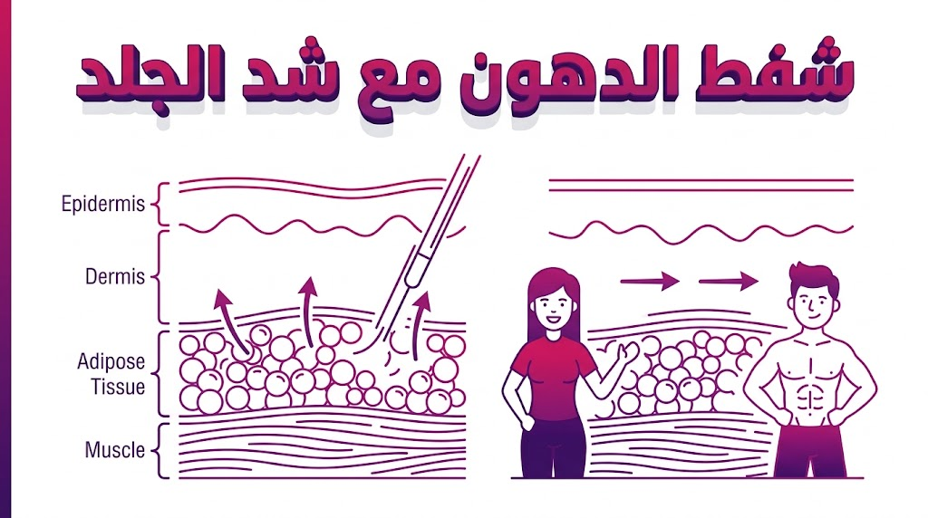 إنفوجرافيك طبي تشريحي يشرح آلية عمل شفط الدهون مع شد الجلد من الداخل، يوضح طبقات الدهون والجلد المشدود.