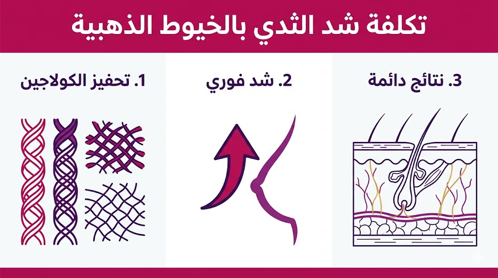 إنفوجرافيك طبي يشرح ثلاثة محاور رئيسية حول تكلفة شد الثدي بالخيوط الذهبية وفوائدها التقنية.