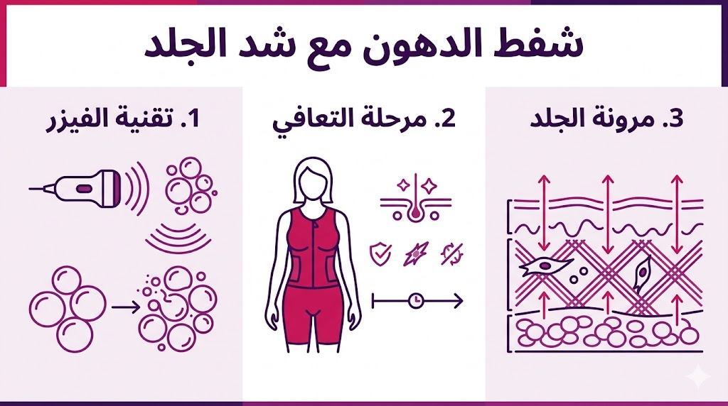 بوستر إنفوجرافيك مقسم لثلاثة أقسام يشرح تقنية الفيزر، التعافي، ومرونة الجلد في عملية شفط الدهون مع شد الجلد.