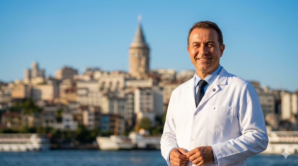 طبيب تجميل خبير يقف أمام برج غالاتا في إسطنبول، يمثل التميز الطبي في عمليات شفط الدهون مع شد الجلد في تركيا.