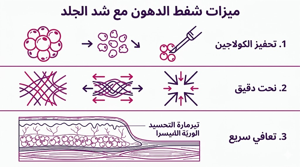 ملصق إنفوجرافيك مقسم لثلاثة أجزاء يشرح ميزات شفط الدهون مع شد الجلد من حيث تحفيز الكولاجين والنحت الدقيق.