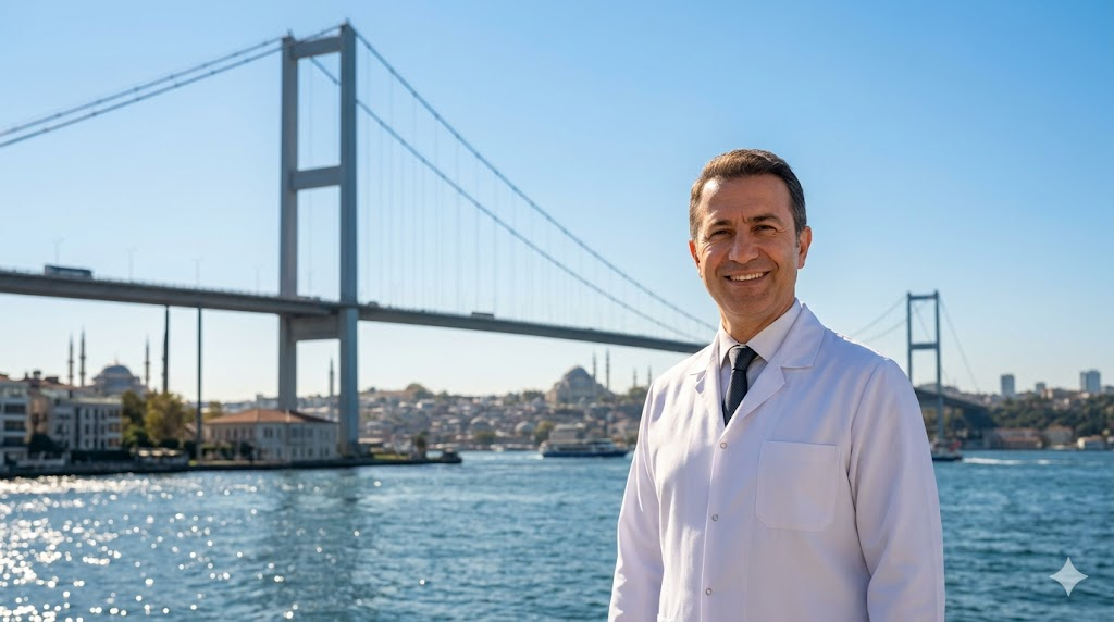 طبيب تجميل متميز يقف أمام جسر البوسفور في اسطنبول، يرمز لتقديم أفضل ميزات شفط الدهون مع شد الجلد في تركيا.