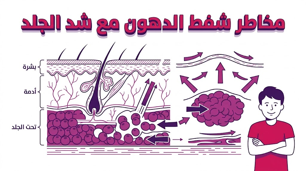 مخطط تشريحي يوضح الطبقات الجلدية والدهنية المتعلقة بـ مخاطر شفط الدهون مع شد الجلد.