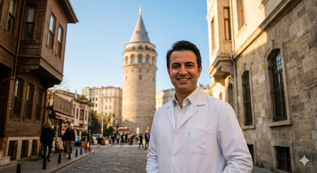 طبيب تجميل خبير في اسطنبول يقدم استشارات حول تكلفة شد الثدي بالخيوط الذهبية أمام برج غالاتا.