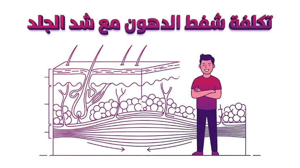  إنفوجرافيك طبي يوضح العلم وراء تكلفة شفط الدهون مع شد الجلد وتشريح طبقات الجلد والدهون.