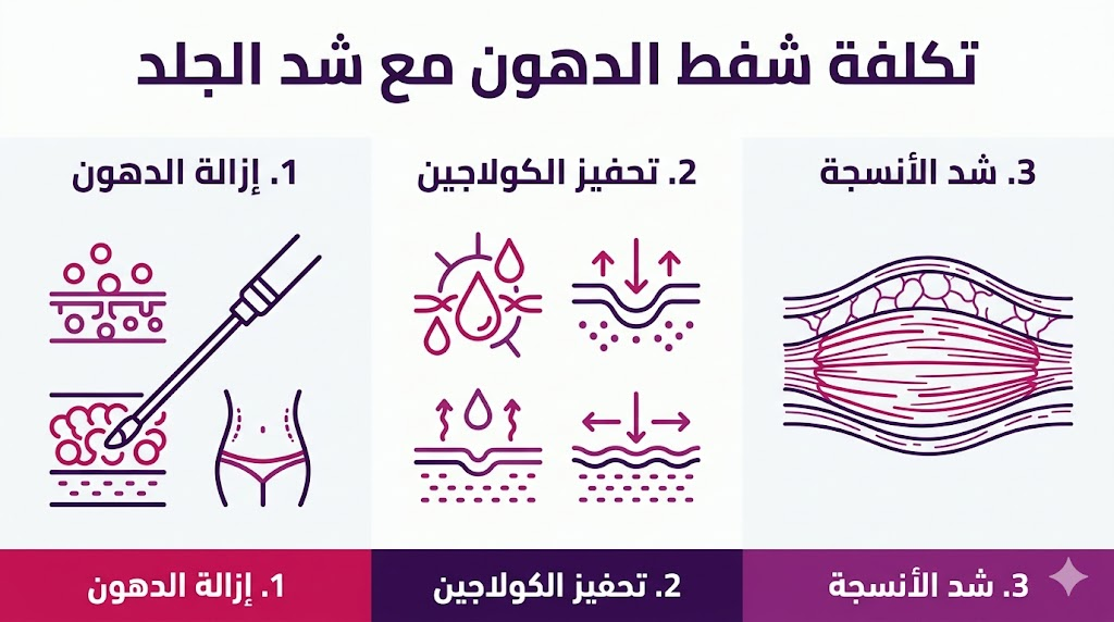 بوستر إنفوجرافيك مقسم لثلاثة أقسام يشرح مراحل تكلفة شفط الدهون مع شد الجلد طبياً.